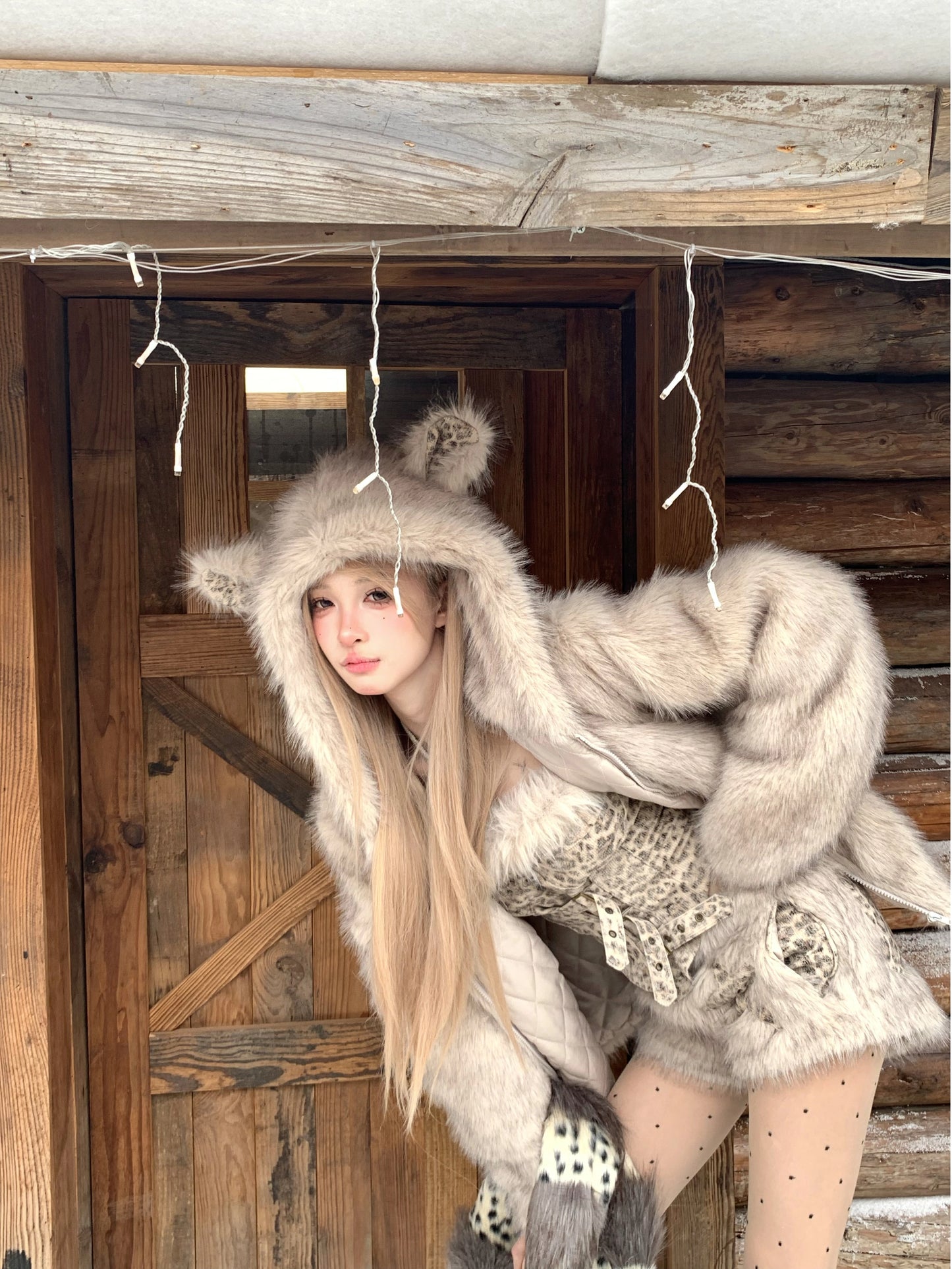 Leopard print tube top faux fur coat shorts set