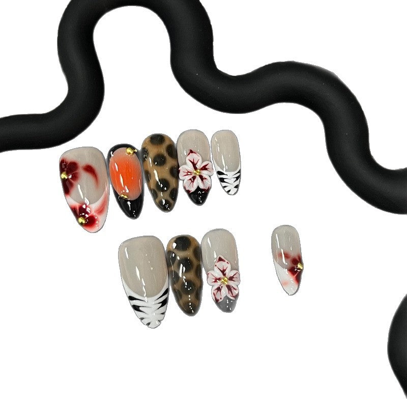 Leopard Gradient French Carving Bright 3D Flower Wearing Armor