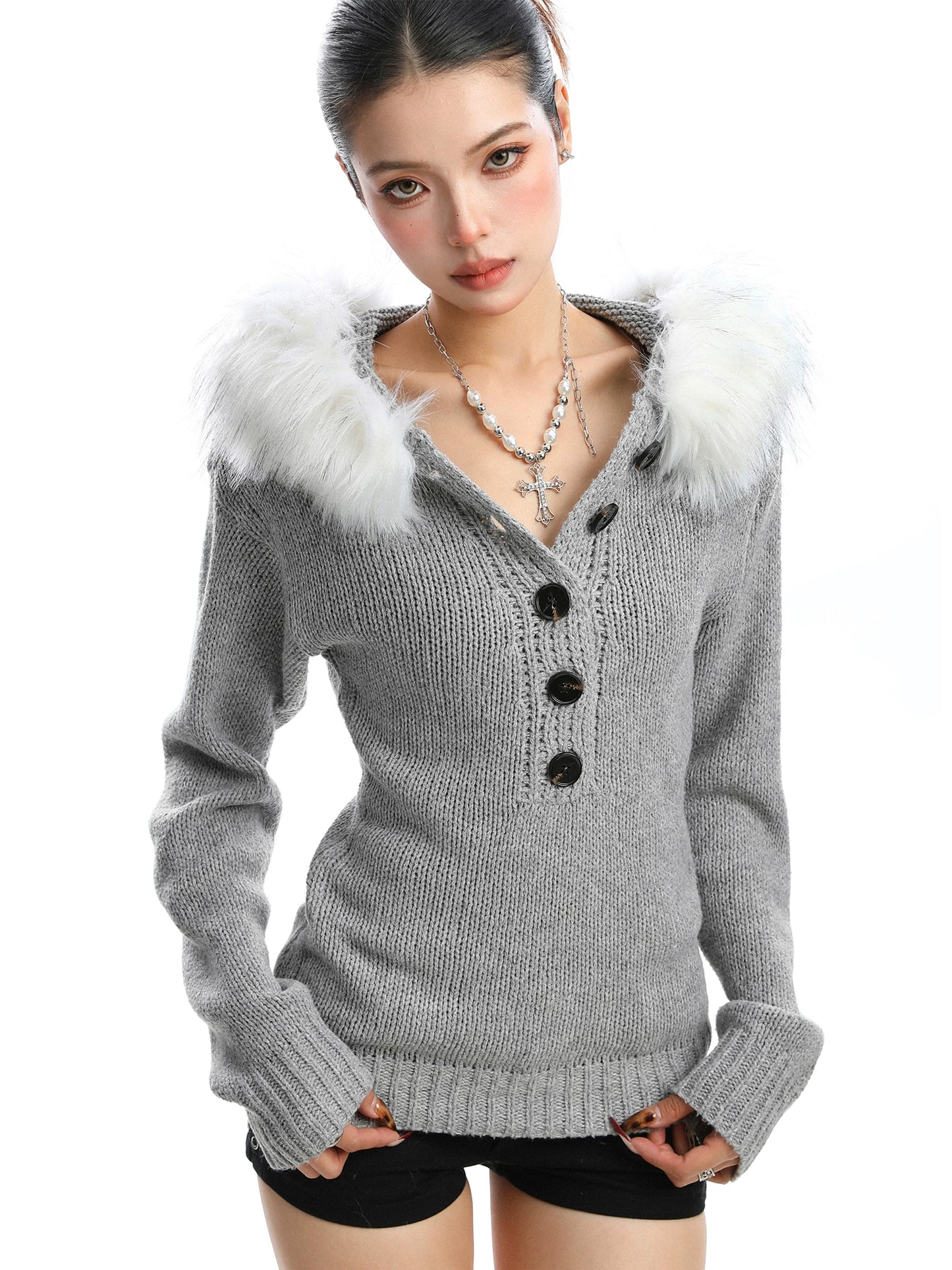 Detachable fur collar Henry collar sweater