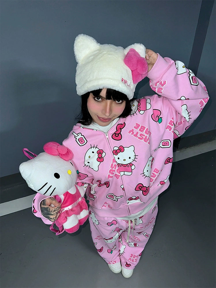 Kitty full print black/pink loose sweater set