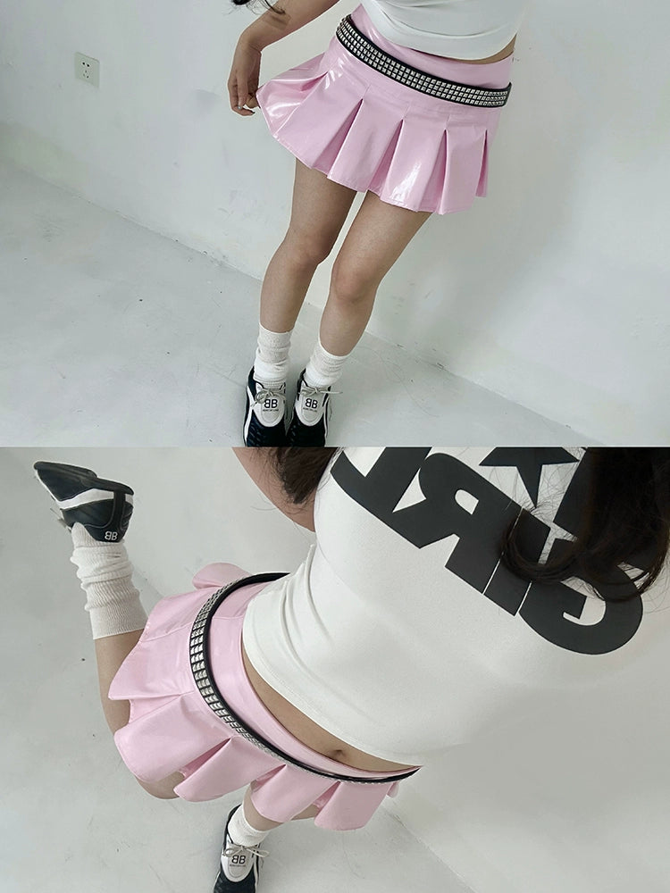 black/pink leather skirt pleated mini skirts