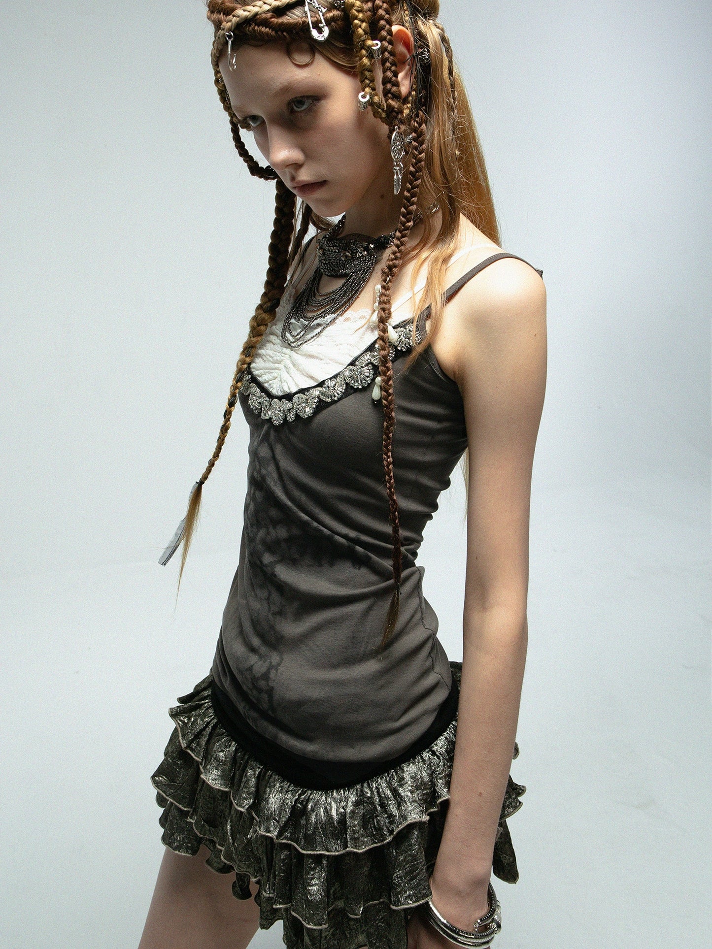 Fake two lace knitted rhinestone cross printed cami