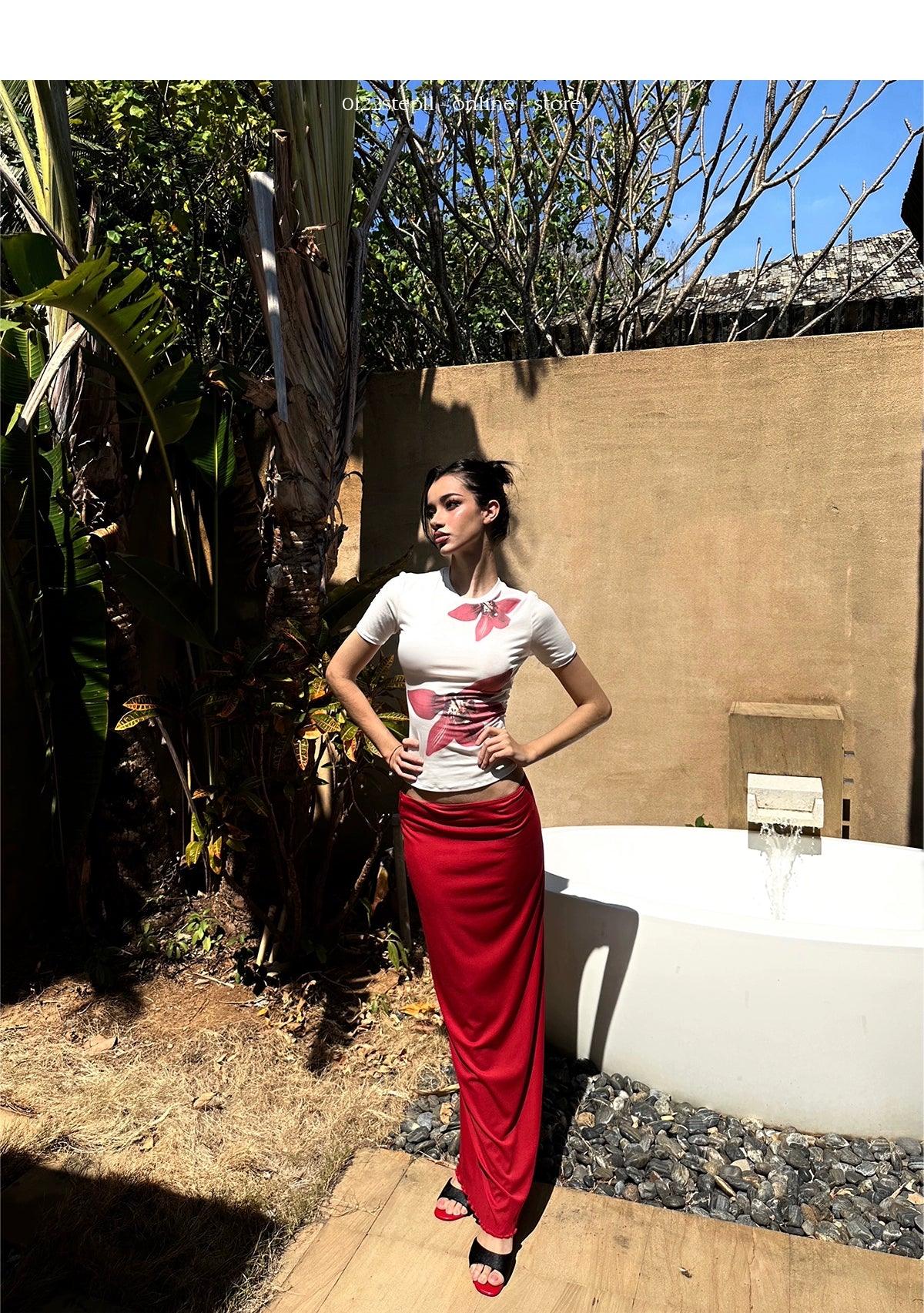 White printed Tee red shirt set