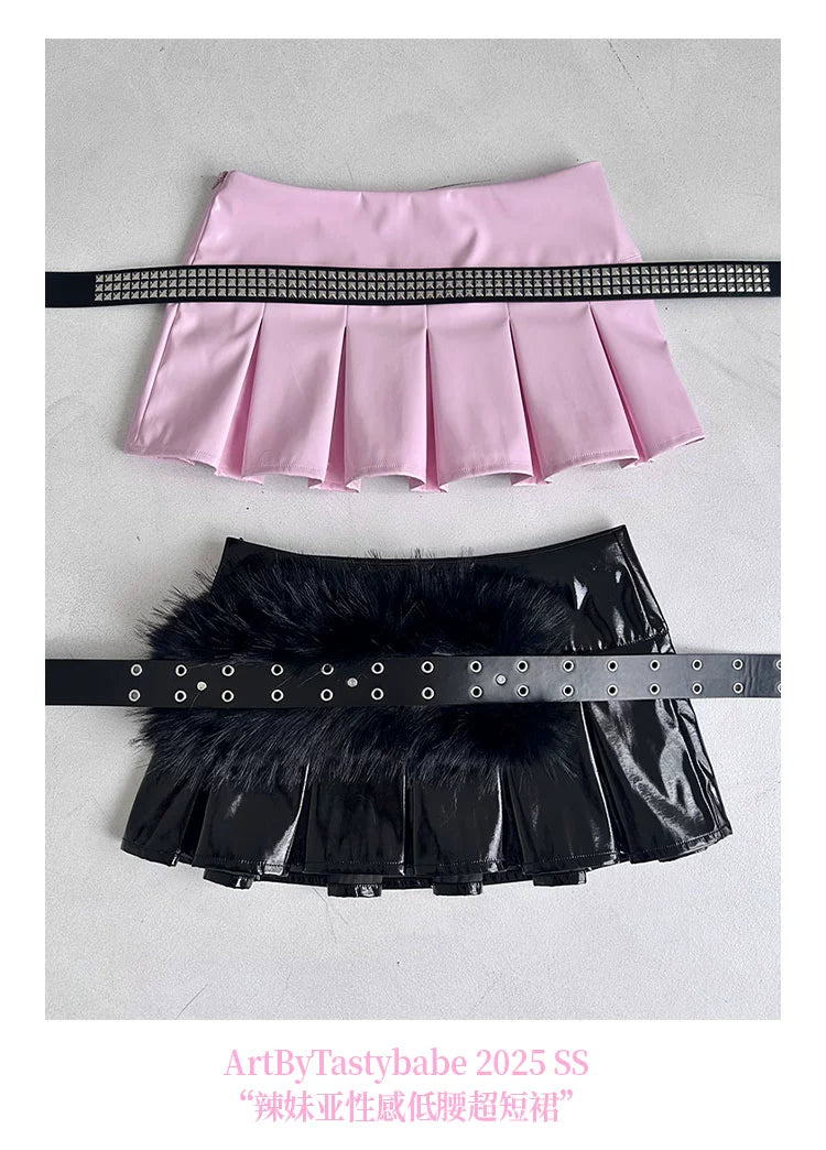 black/pink leather skirt pleated mini skirts