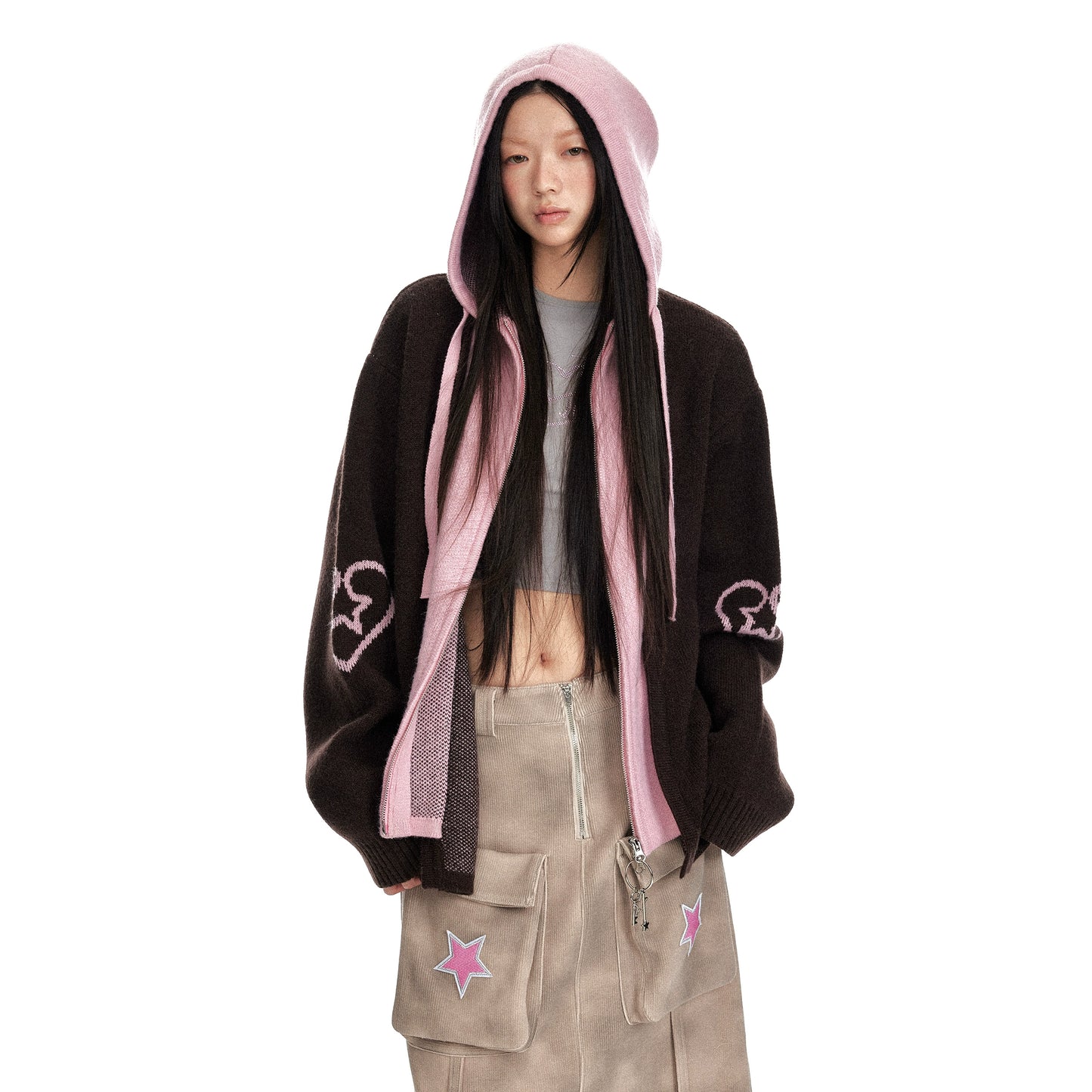Color blocked fake two-piece hooded cardigan jacquard zipper knitted cardigan