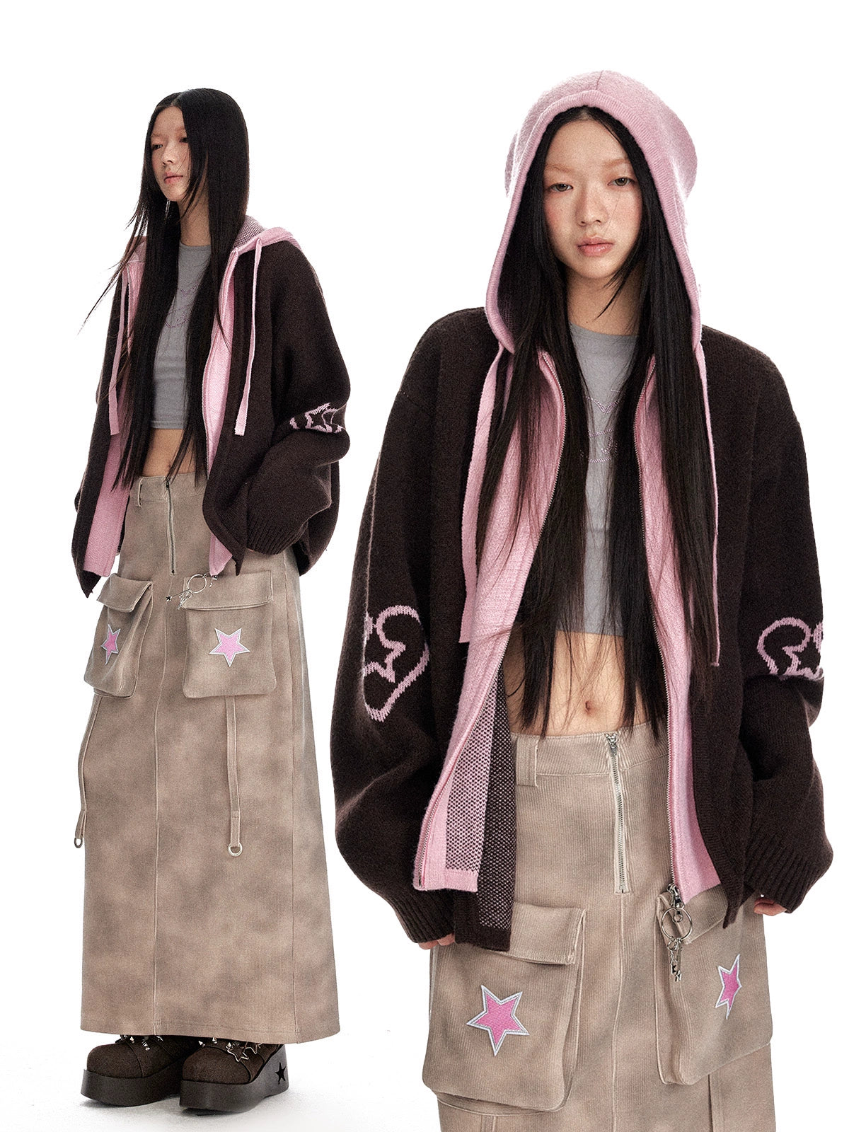 Color blocked fake two-piece hooded cardigan jacquard zipper knitted cardigan