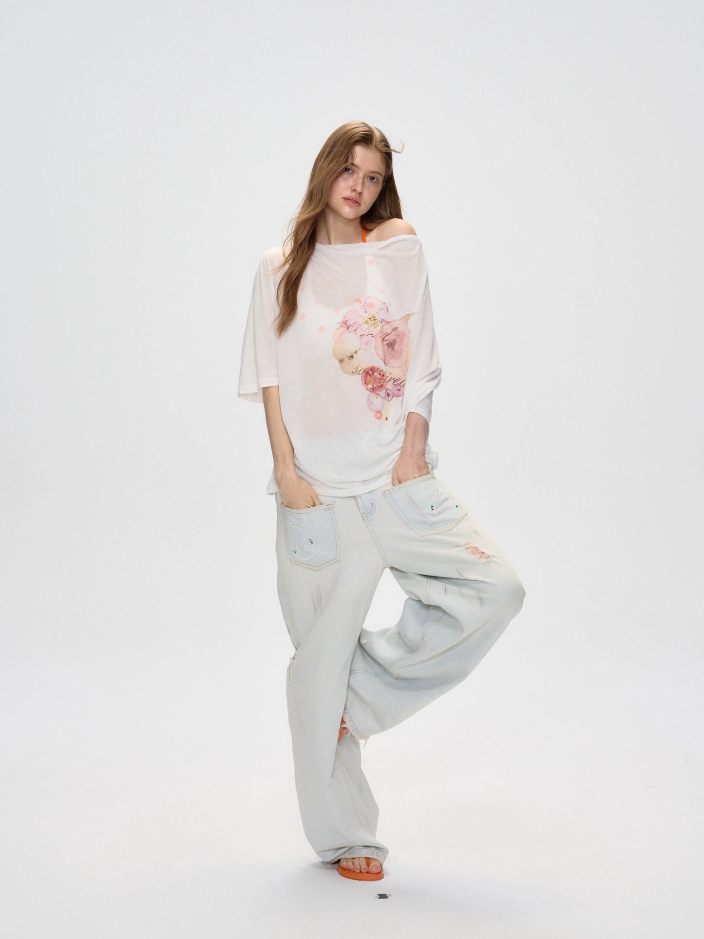 Lyocell Tencel Printed Rhinestone Top - Elbow Sleeve