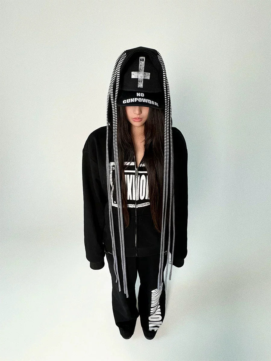Street black and white striped fringe hoodie
