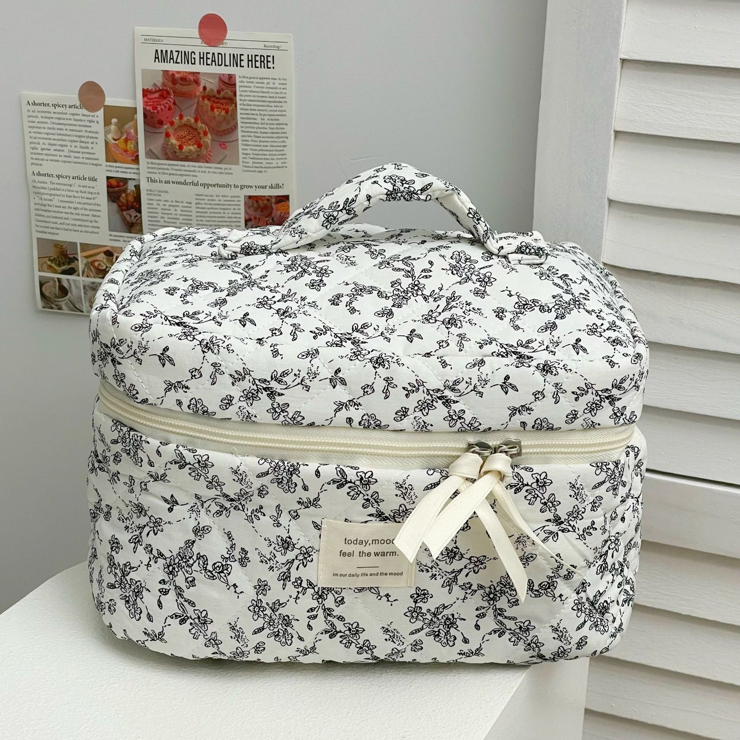 French black and white floral makeup bag