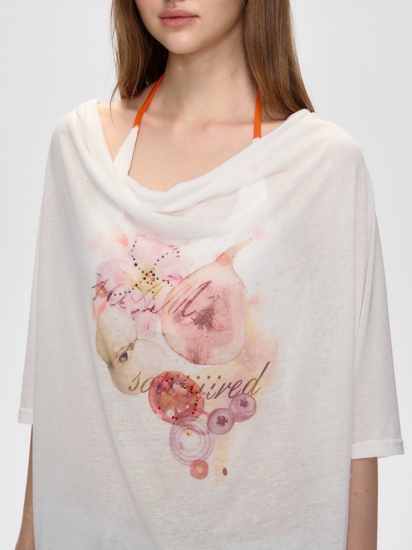 Lyocell Tencel Printed Rhinestone Top - Elbow Sleeve