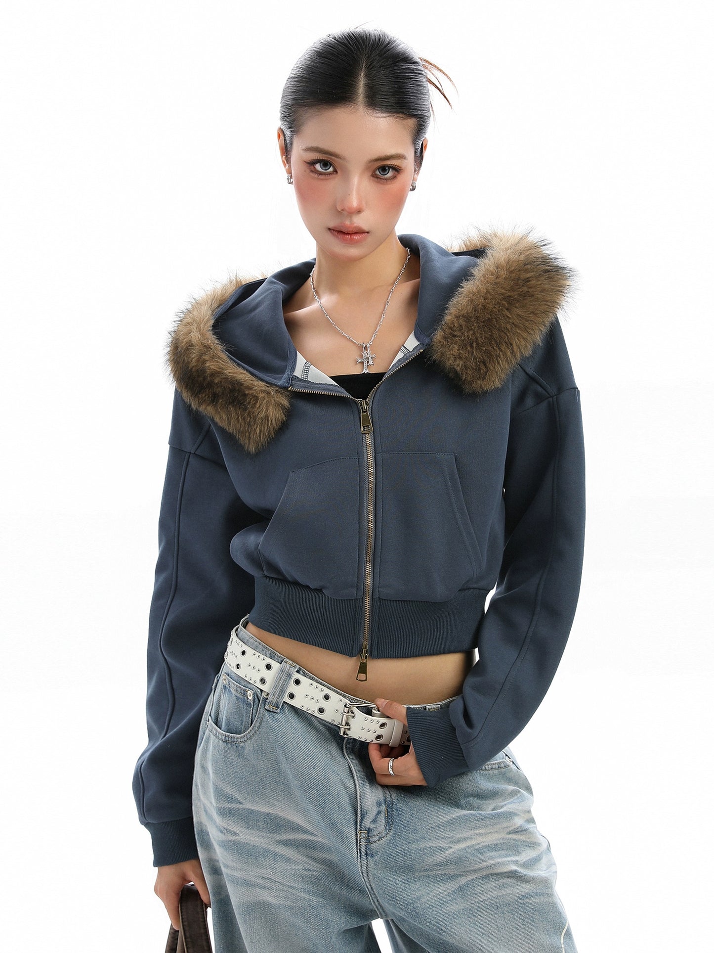 Detachable fur collar hooded short hoodie