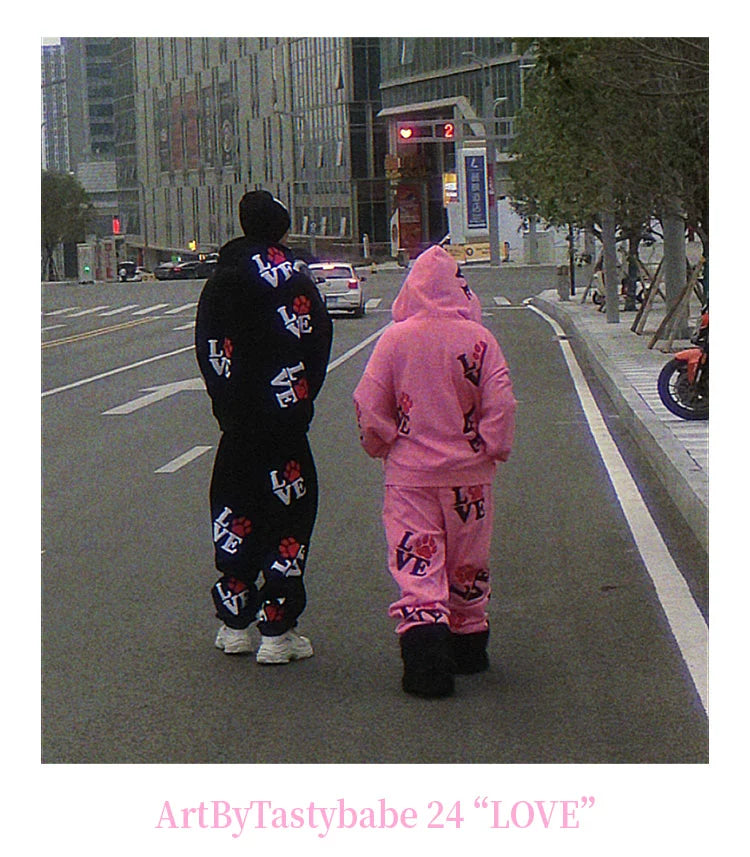 LOVE Patch Embroidered Fleece Hooded Sweater Set