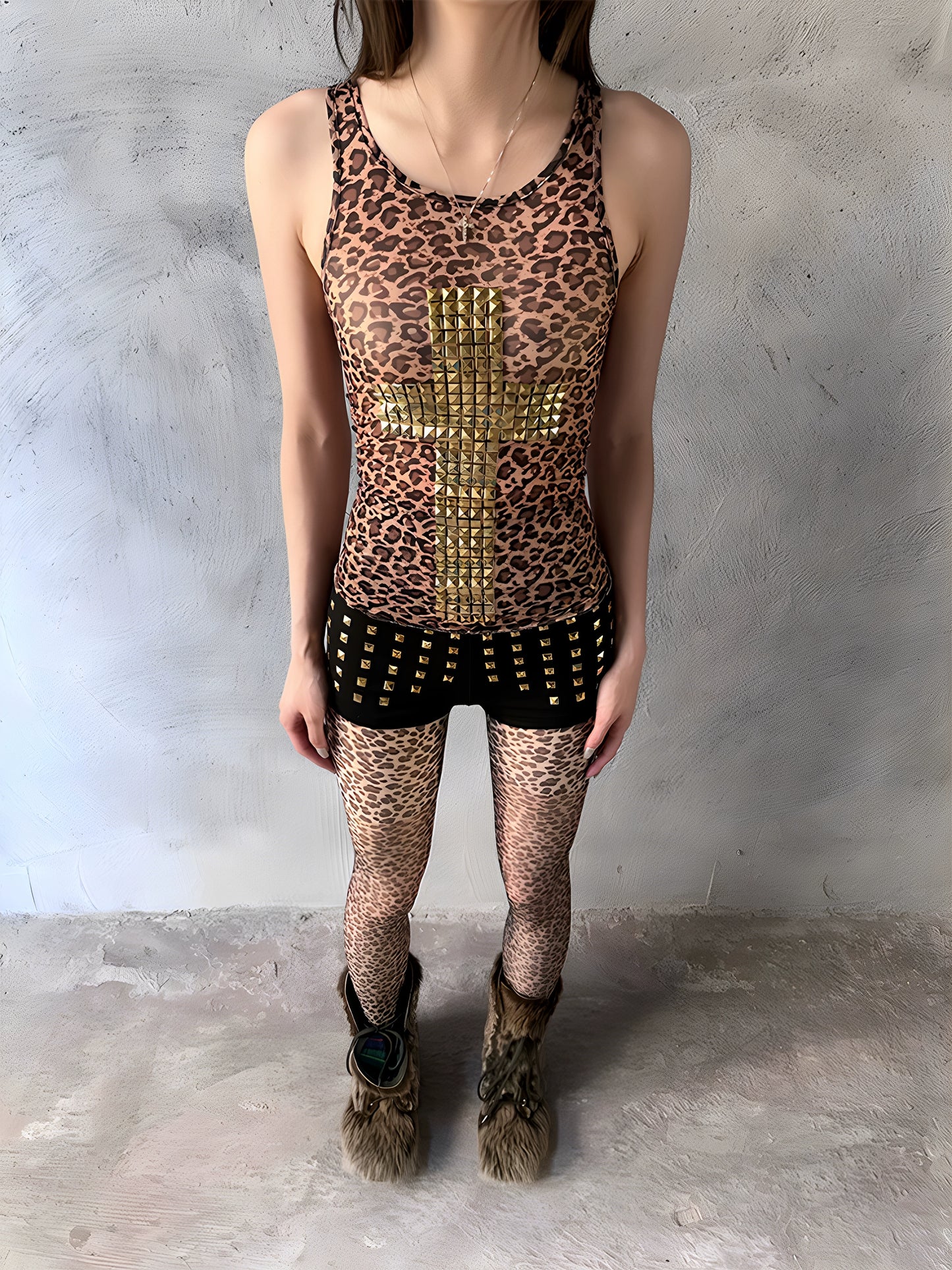 Gold Rivet Large Cross Leopard Print Vest