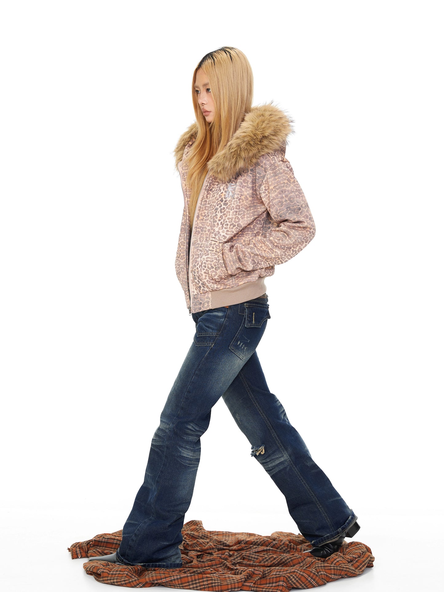 Leopard print and plush collar hooded sweatshirt