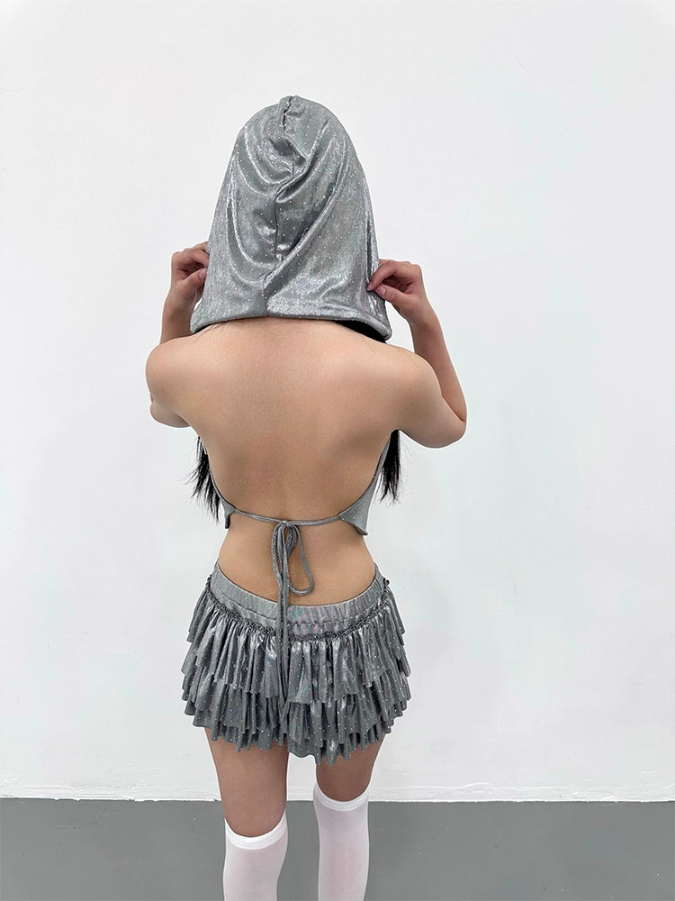 silver grey top rhinestone backless irregular set