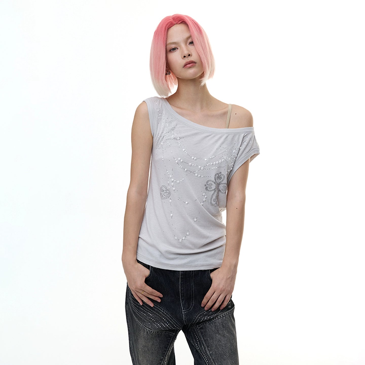 pearl necklace one shoulder top