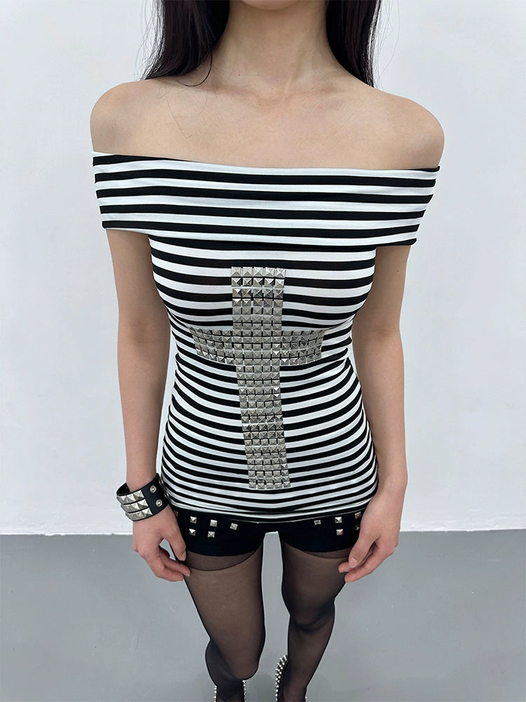 Cross Rivet Black and White Striped Top