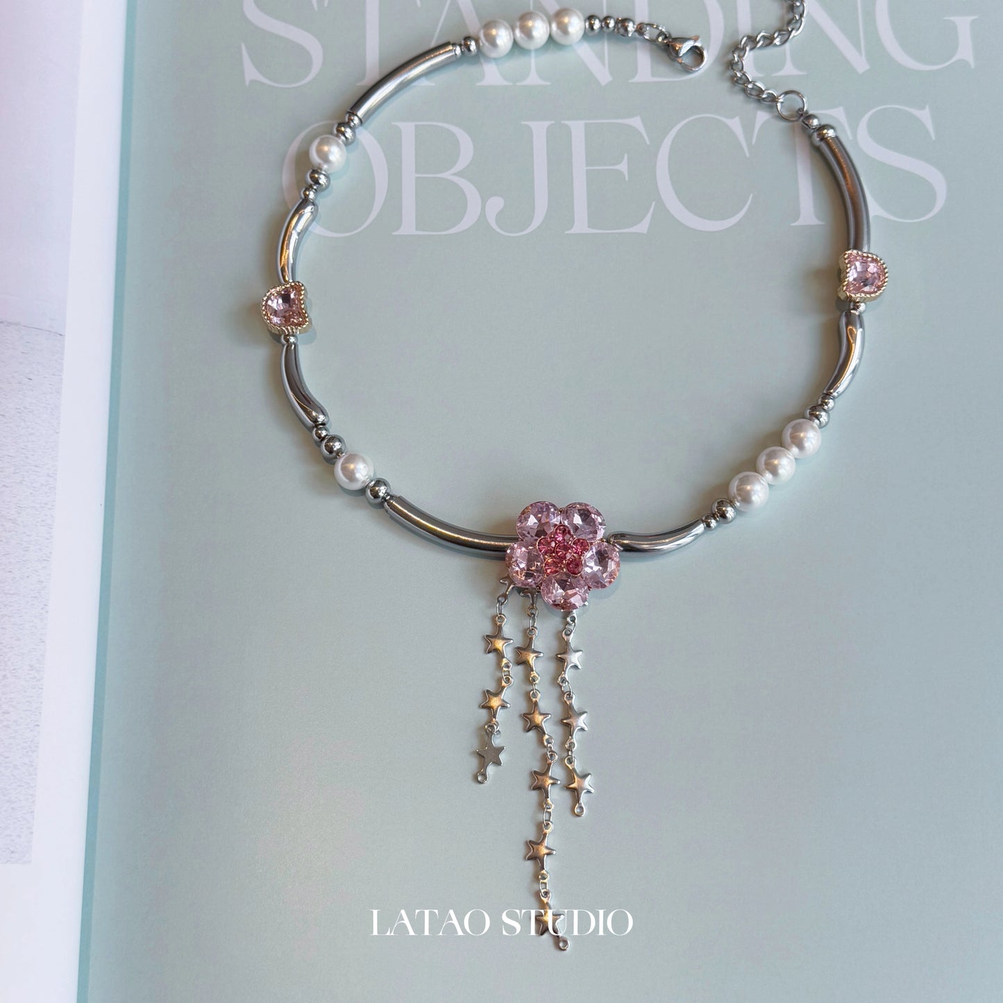 Barbie Jenny Pink Diamond Flower Pearl Tassel Titanium Steel Necklace