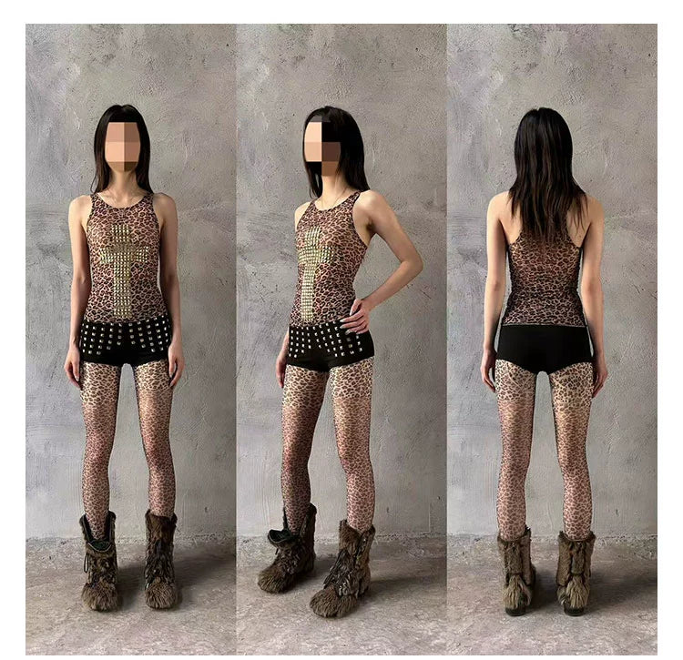 Gold Rivet Large Cross Leopard Print Vest