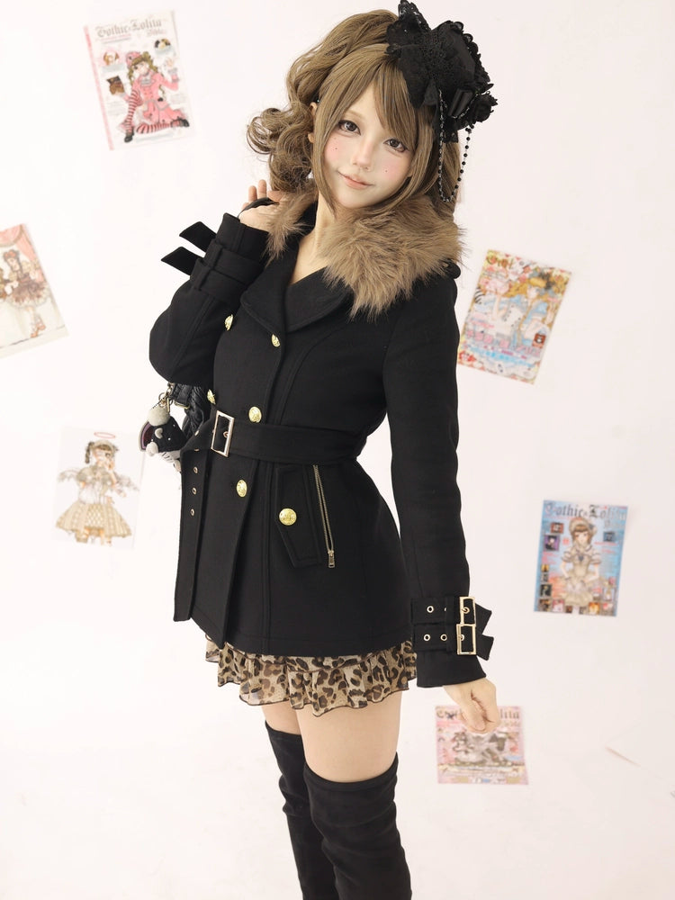 Double breasted woolen coat with fur collar