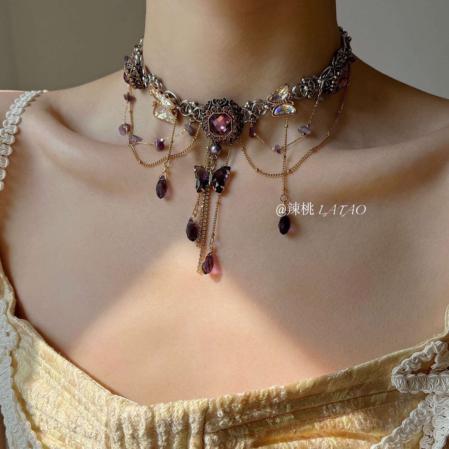 Tea Break Ball "Amethyst Retro Butterfly Tassel Titanium Steel Necklace Choker