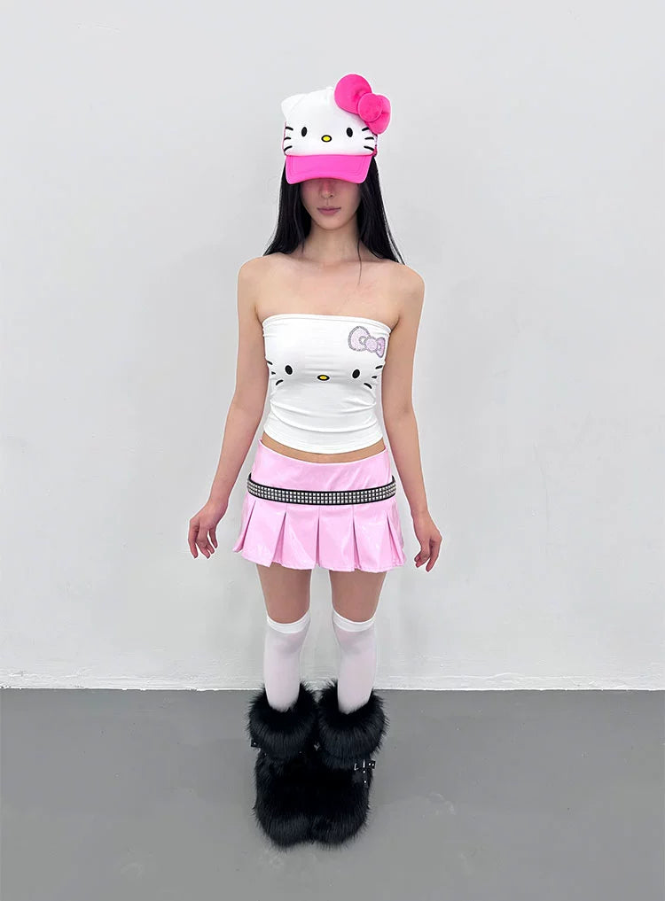 Rhinestones printed kitty tube top