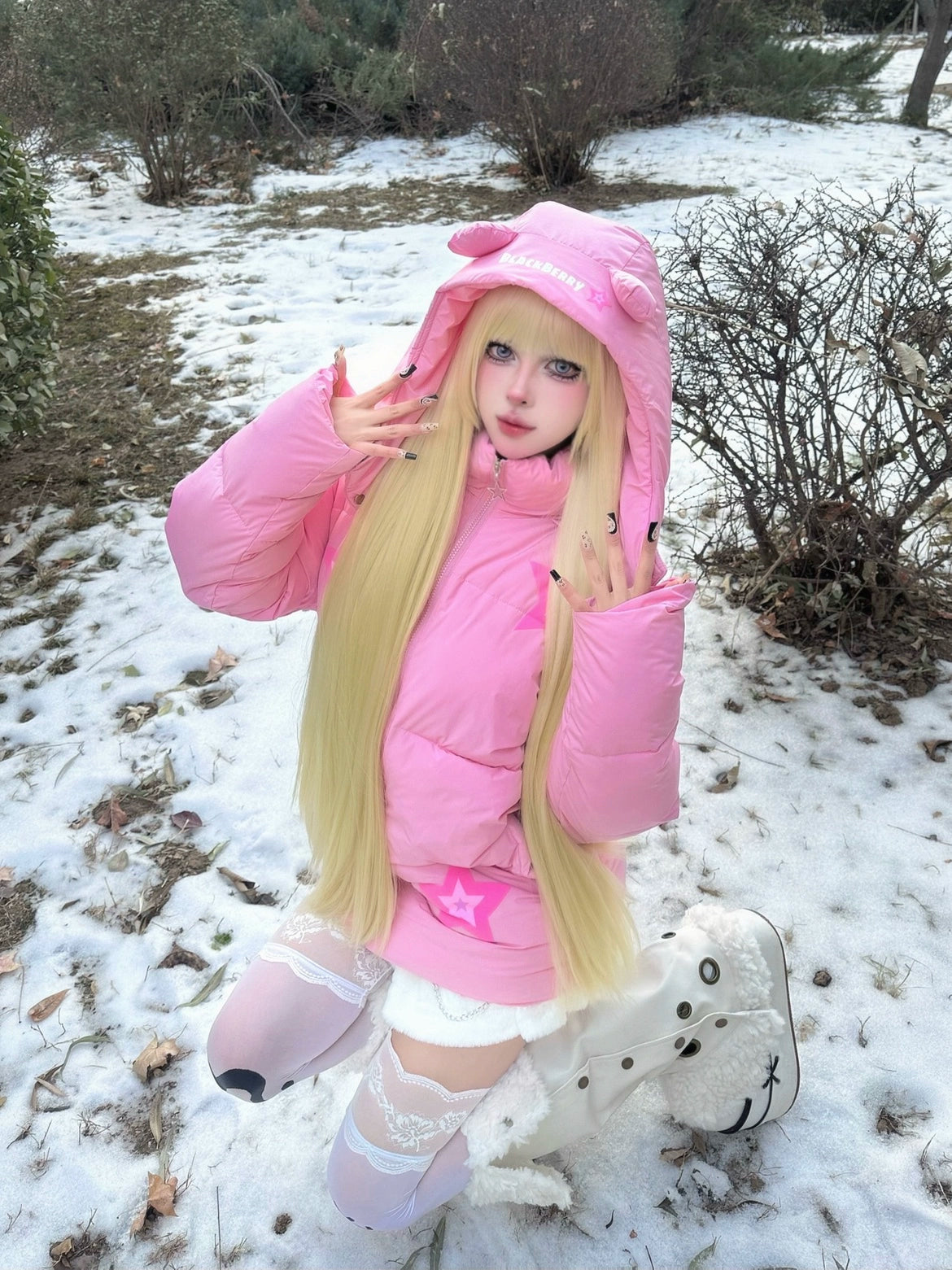 Pink star bear hat cotton coat