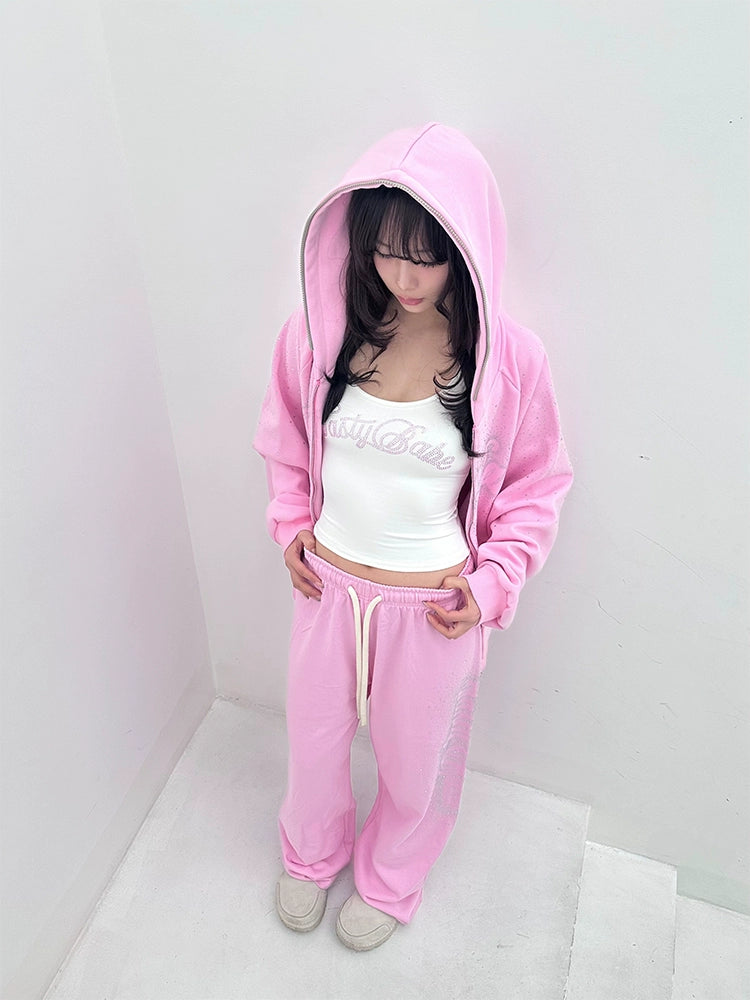 Pink Rhinestone Cotton hoodie