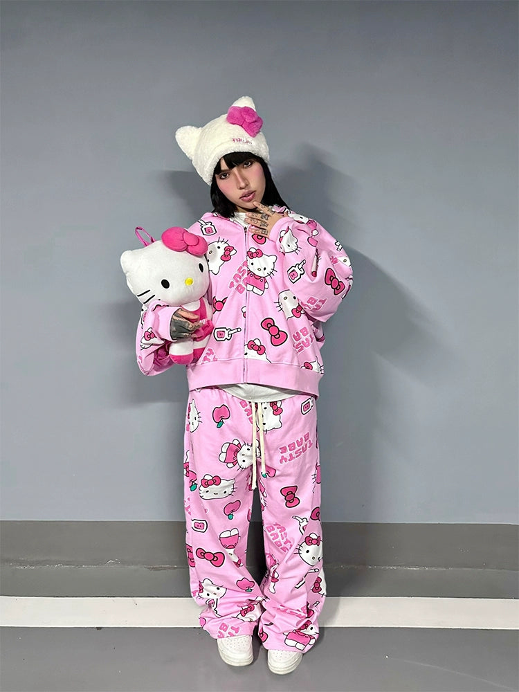 Kitty full print black/pink loose sweater set