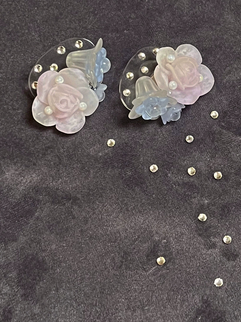 ~Sparkling Raindrops Yushan Tea~Elegant Camellia Mist Surface Sparkling Diamond Clear Cold Earrings with Cool and Light Beauty
