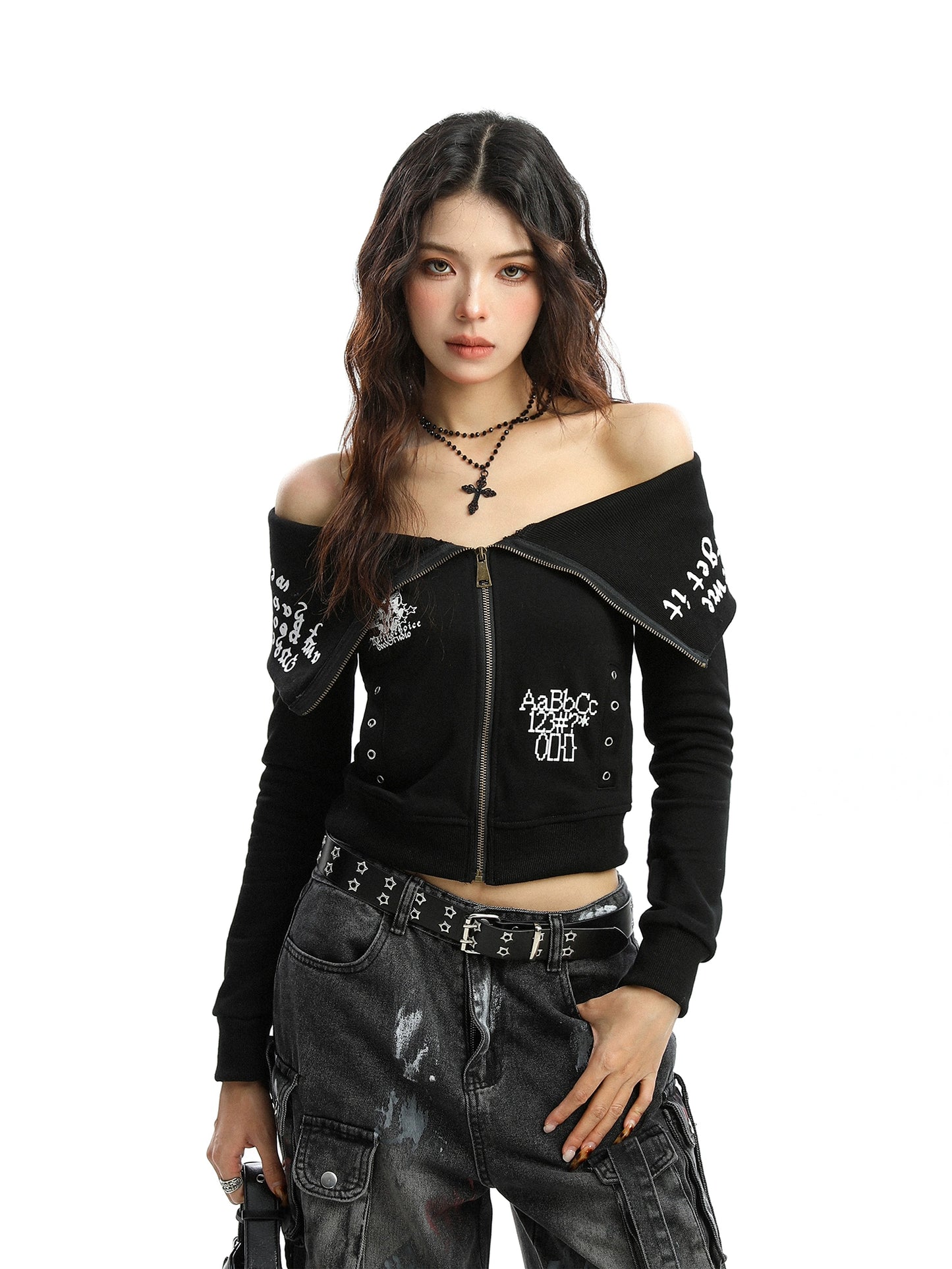 Large collar zipper one shoulder hoodie