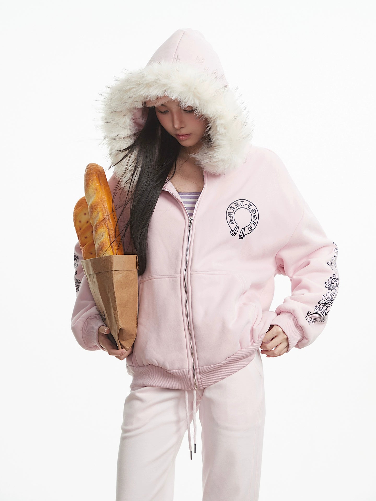 Black Gothic printed fur collar hooded sweatshirt