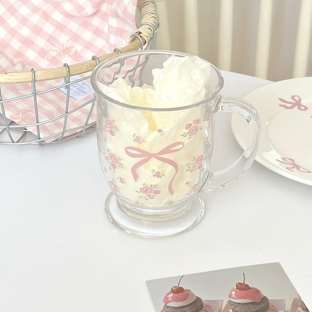 Cute bow floral glass cup