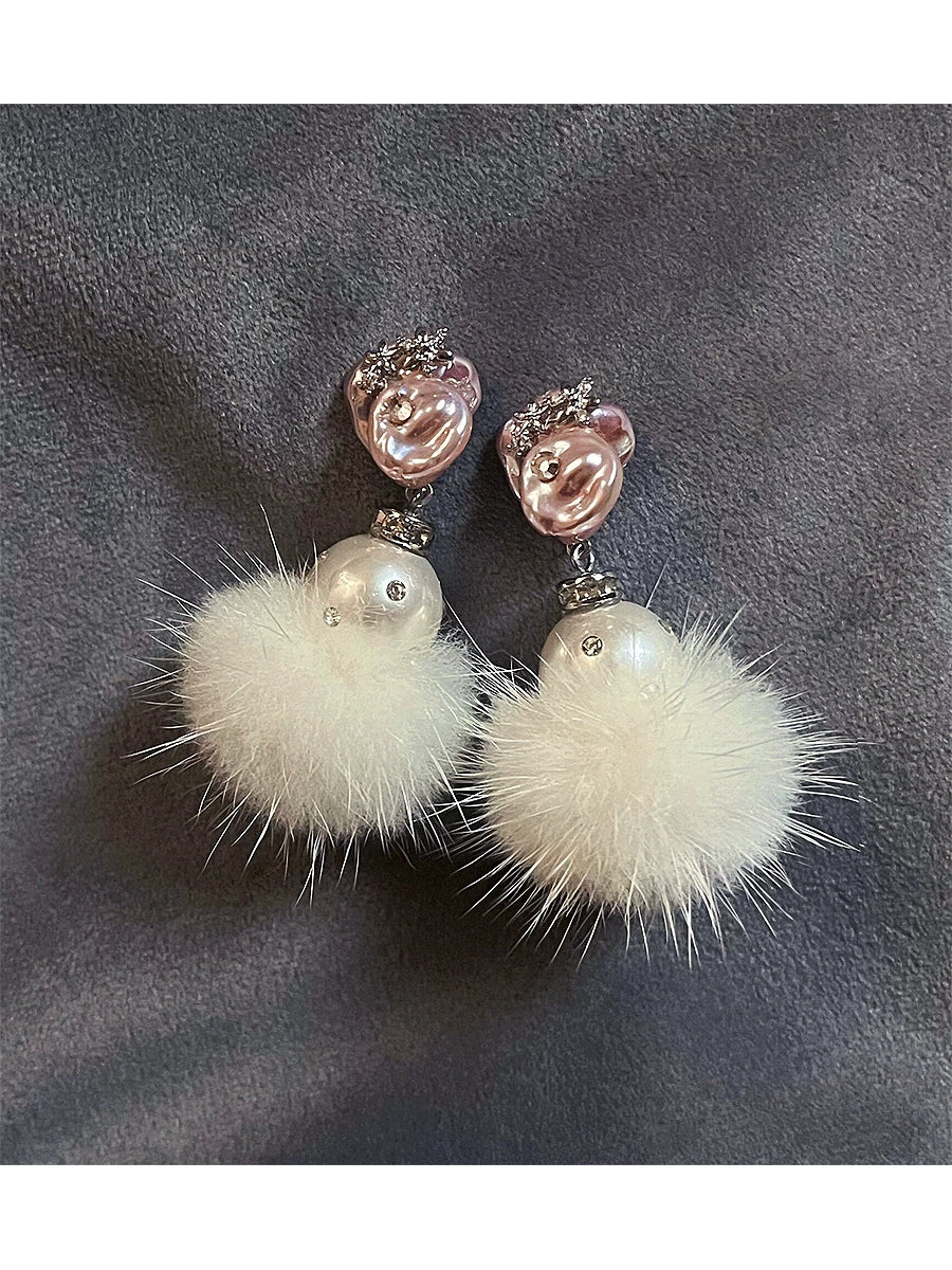 ~*Cherry Blossom Candy and Snow Rabbit *~Pink Pearl&Sparkling Diamond Ball White Christmas Hairy Ball Earrings