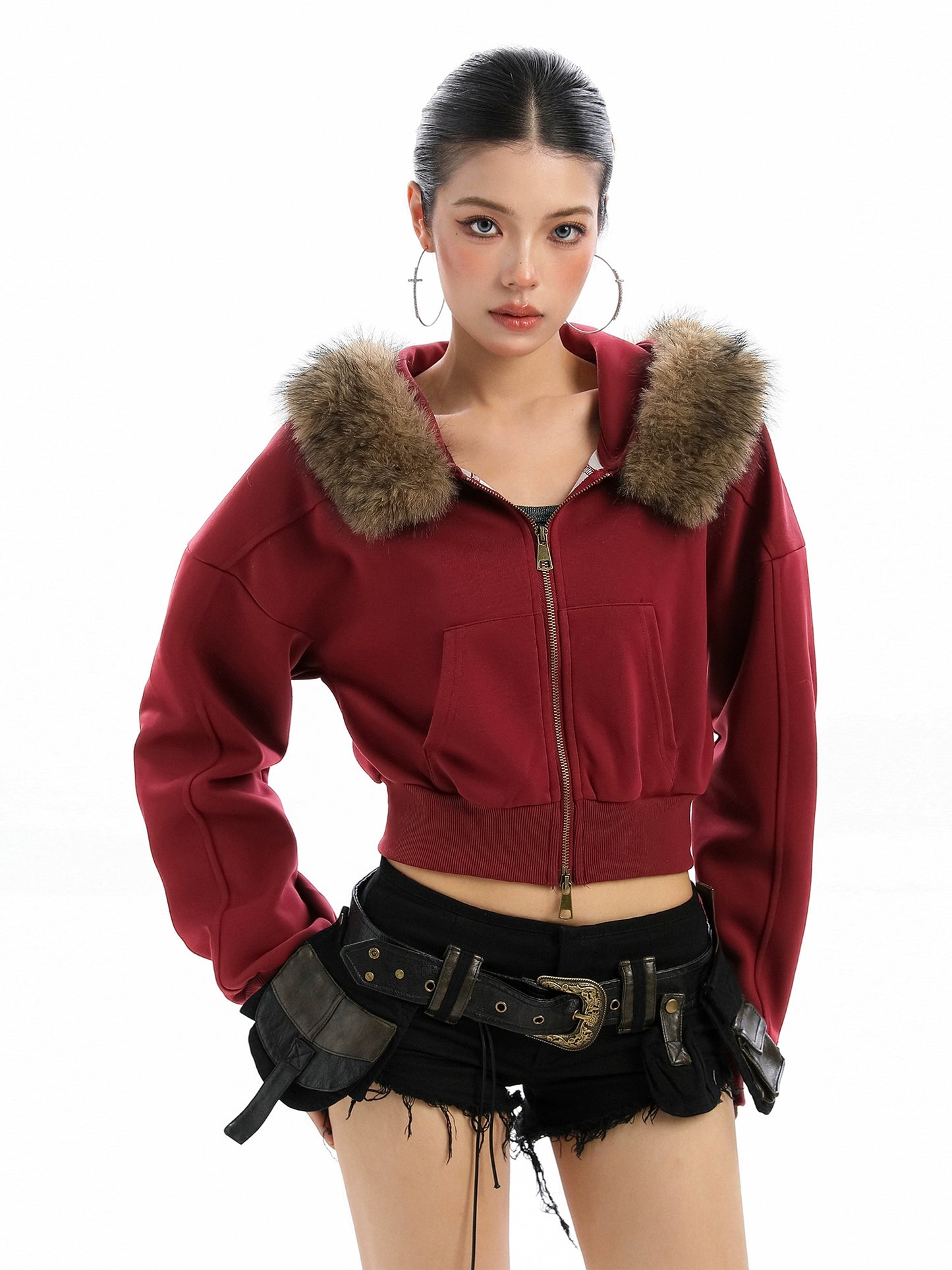 Detachable fur collar hooded short hoodie