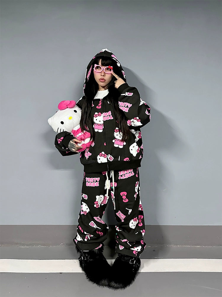 Kitty full print black/pink loose sweater set