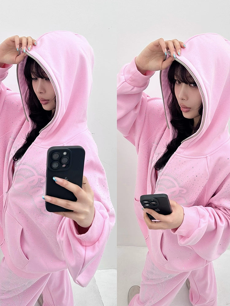 Pink Rhinestone Cotton hoodie
