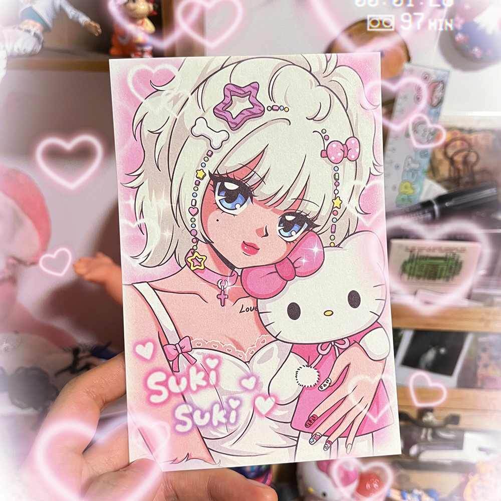 Beautiful girl card postcard illustration