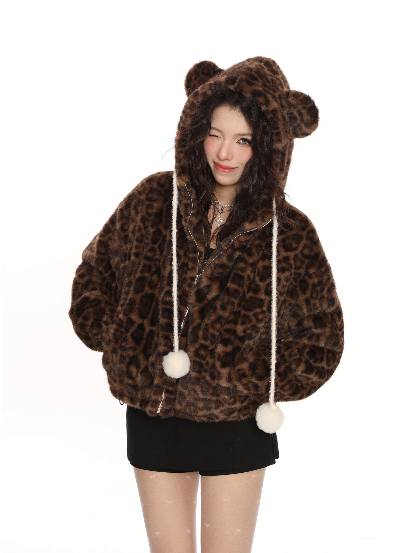 Hooded teddy bear ear leopard print cotton jacket