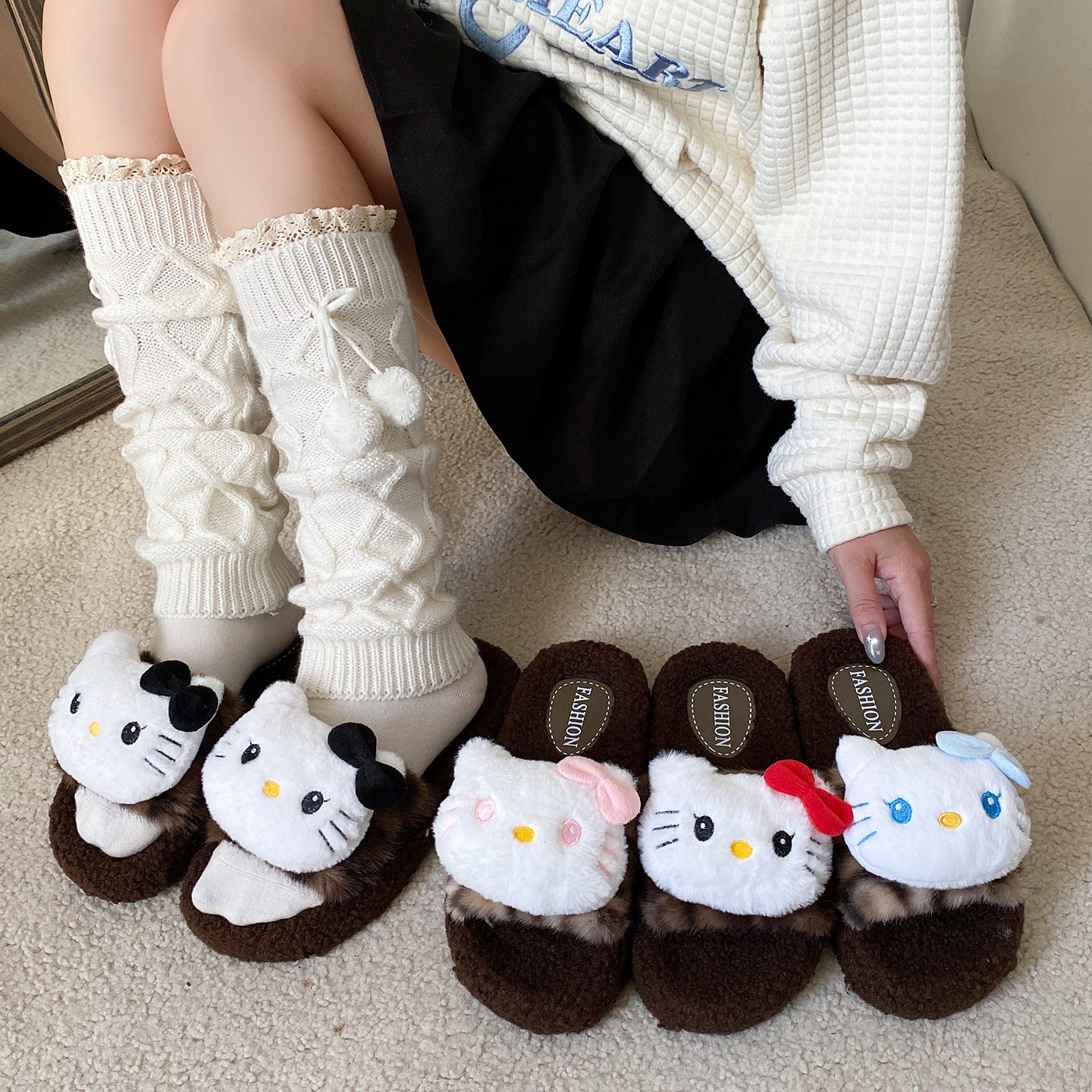 Brown Hello Kitty Plush Slippers
