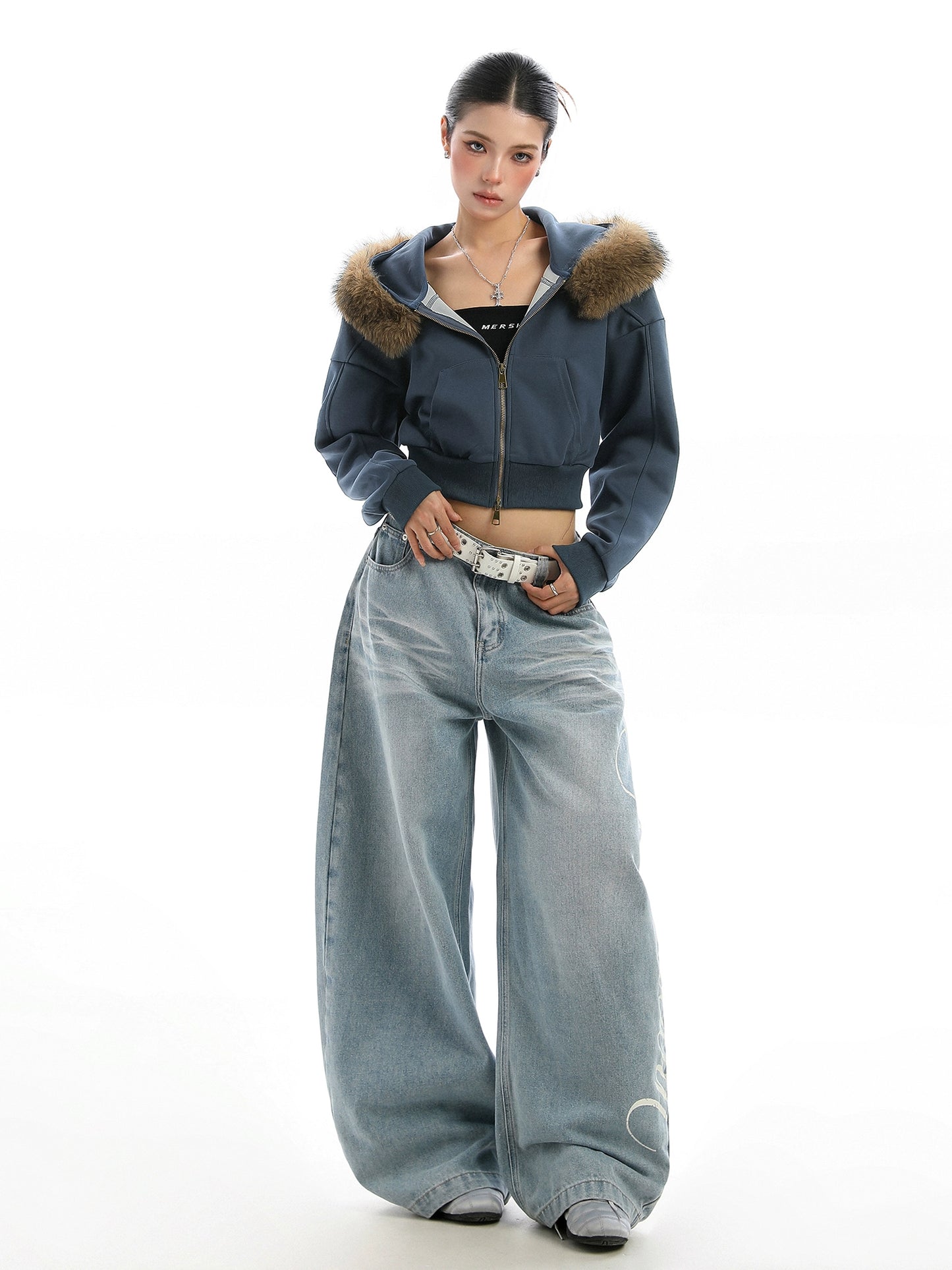 Detachable fur collar hooded short hoodie