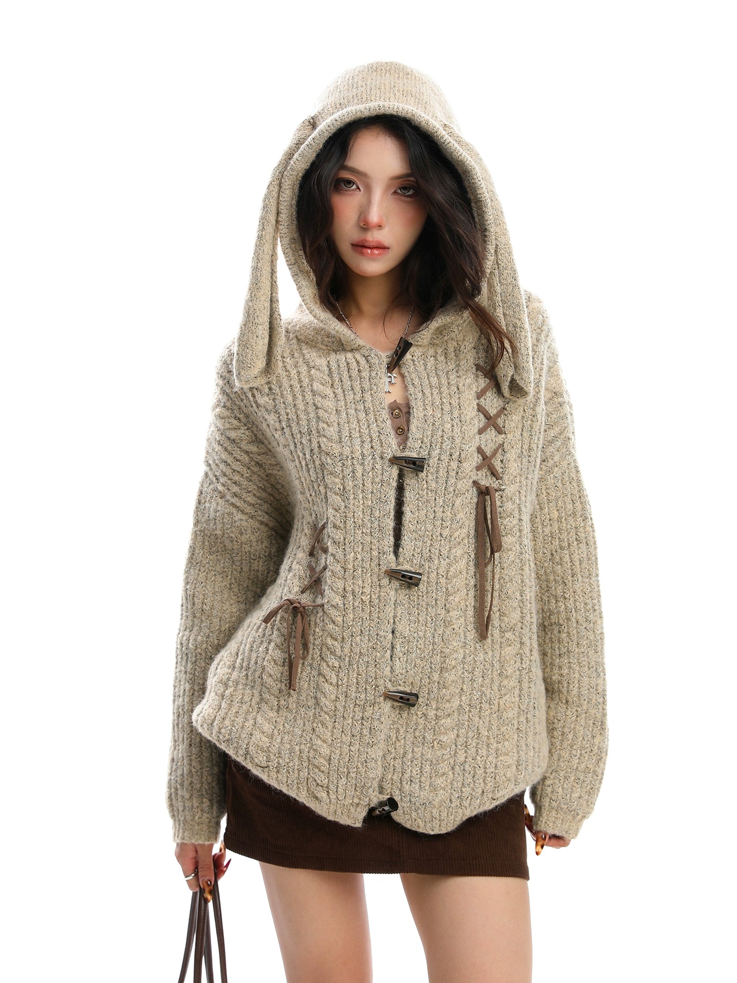 Cute rabbit ear hooded sweater with cow horn buckle