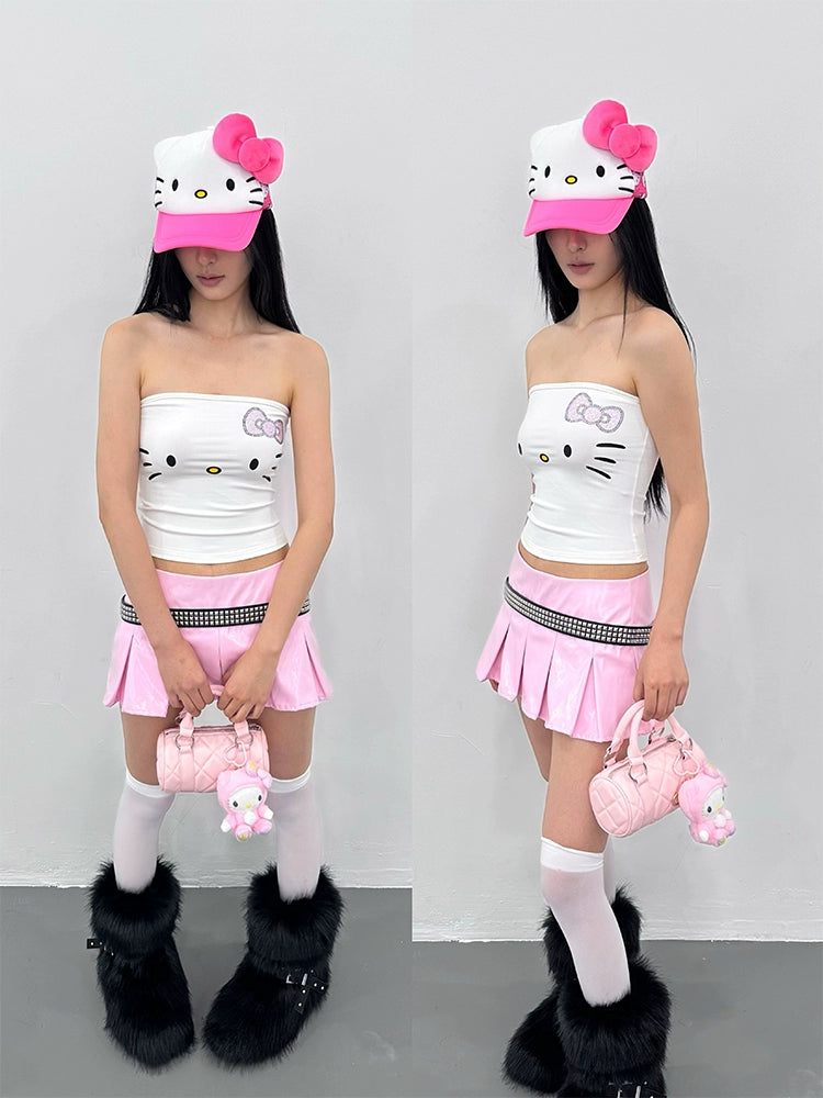 Rhinestones printed kitty tube top