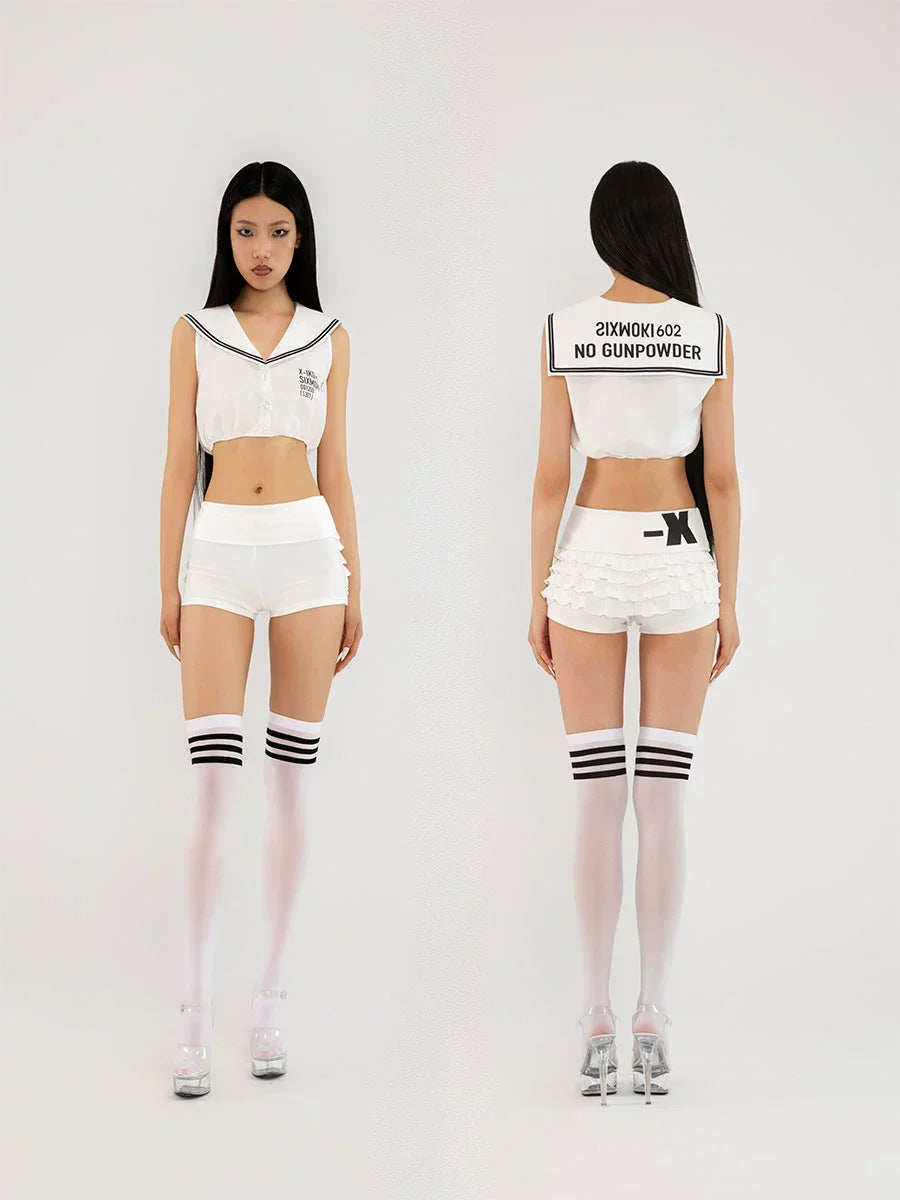 Navy neck bubble top shorts set