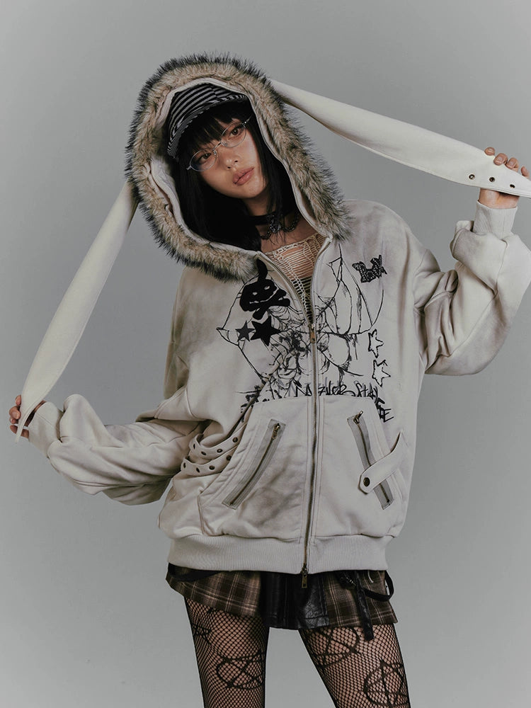 Rabbit ear hooded jacket, grey cotton coat