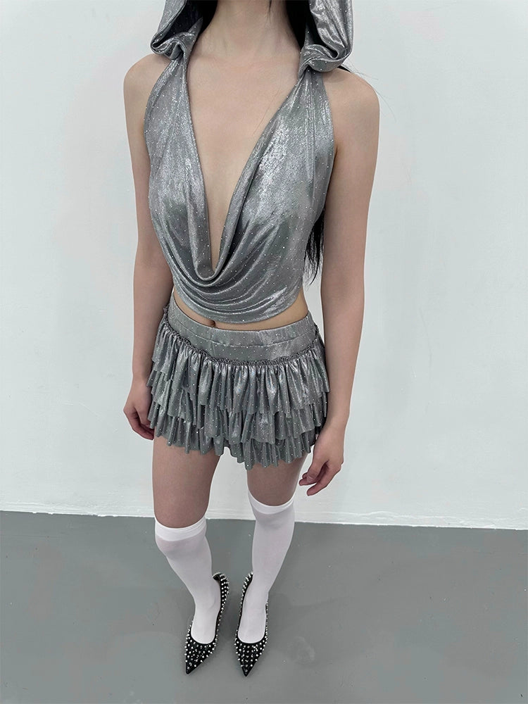 silver grey top rhinestone backless irregular set