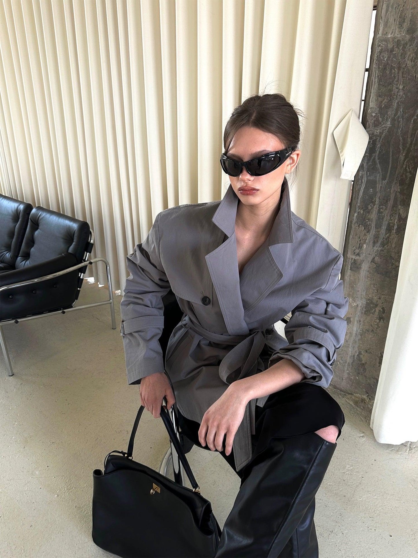 Grey short trench coat