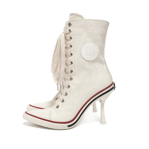 Sports style leather label canvas lace up high heels
