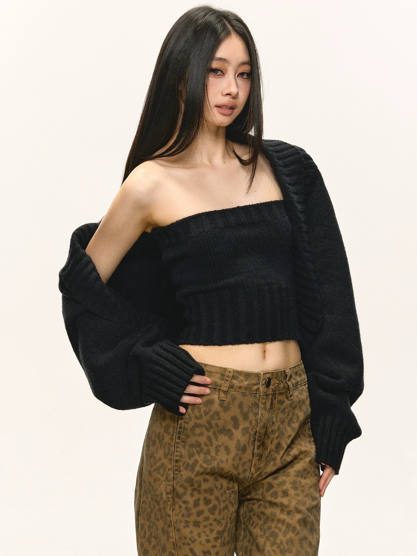 Khaki tube top cardigan sweater set