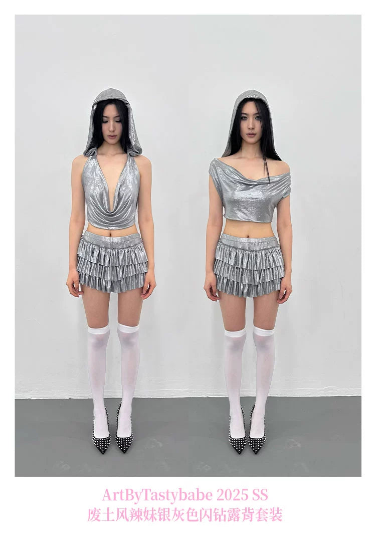 silver grey top rhinestone backless irregular set